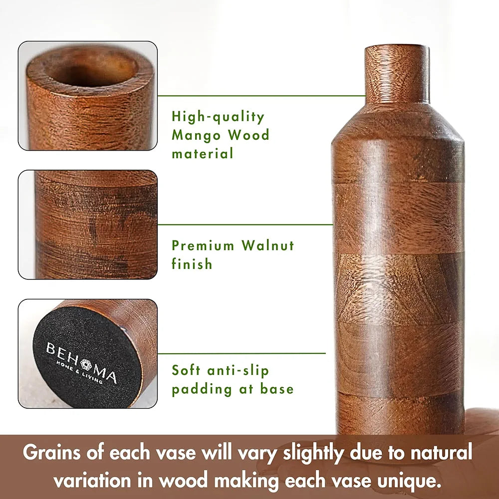 Behoma Wooden Flower Vase Set of 2 Bottle Shape Mango Wood Vases Walnut Dark Brown Flowers not Included