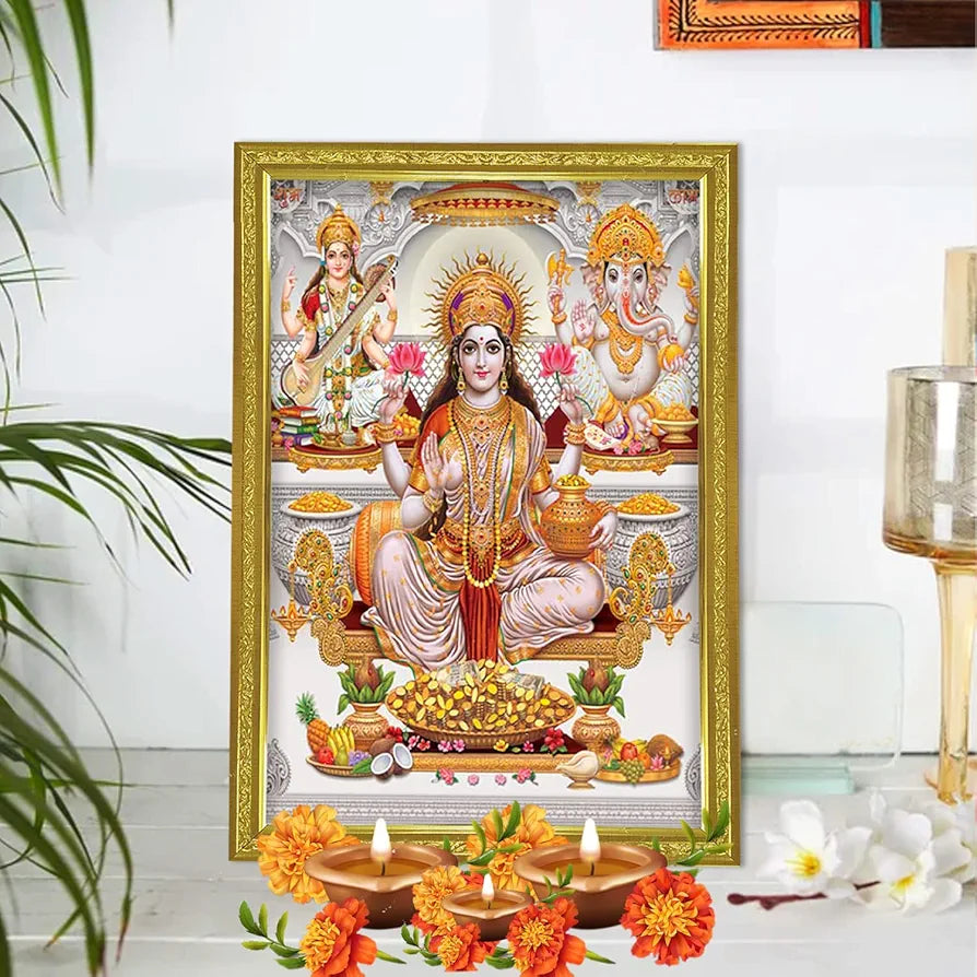 Lifehaxtore Lakshmi With Ganesha and Saraswati Photo Painting with Golden Frame for Temple - Model 2