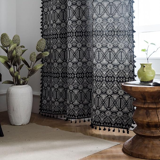 Huesland Cotton Curtains for Door, 7 Feet Long 1 Bohemian Eyelet Curtain | Geometric Black