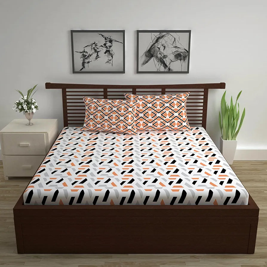 Divine Casa Double Size Bedsheet for Double Bed 144 TC Pure Cotton Queen Size with 2 Pillow Covers Colour Peach & Black