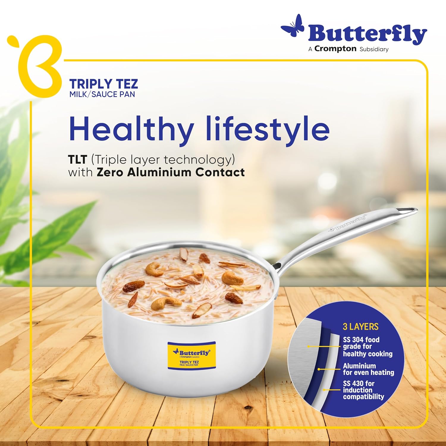 Butterfly Tez Triply Milk/sauce Pan With Ss Lid | 2.1 Litre| 18 Cm | Stay Cool Handle | Induction Compatible