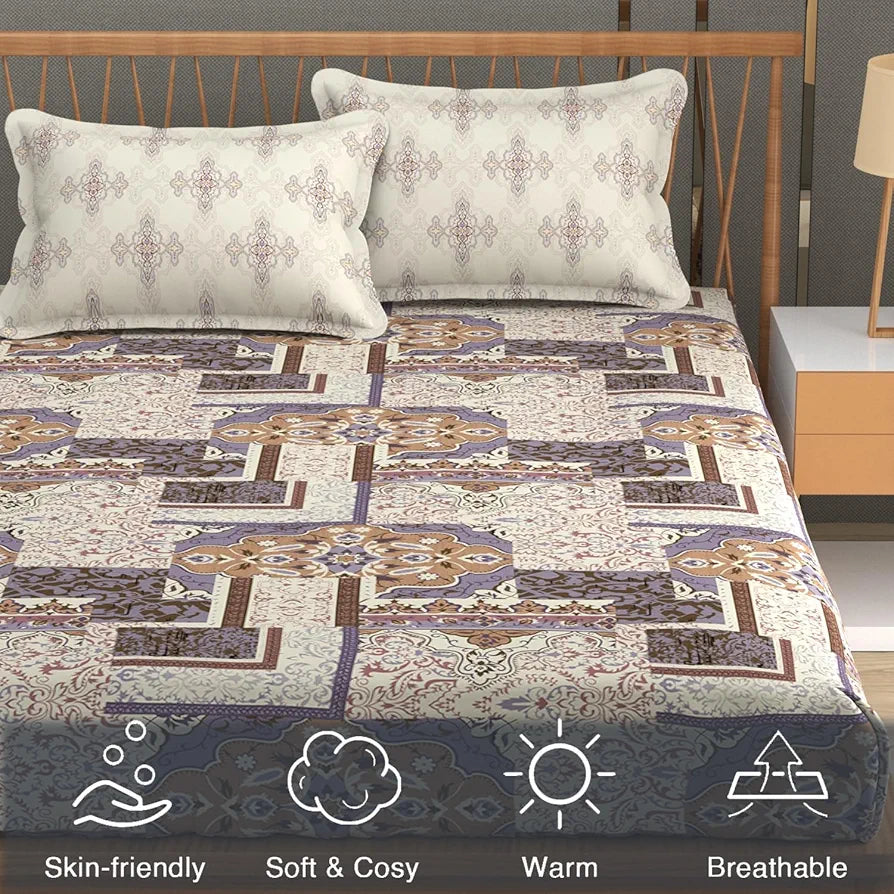 Fresh From Loom Microfiber Cotton Bedsheet King Size 240 TC King Size Soft Bed Cover with 2 Pillow Cover Paisley Coffee