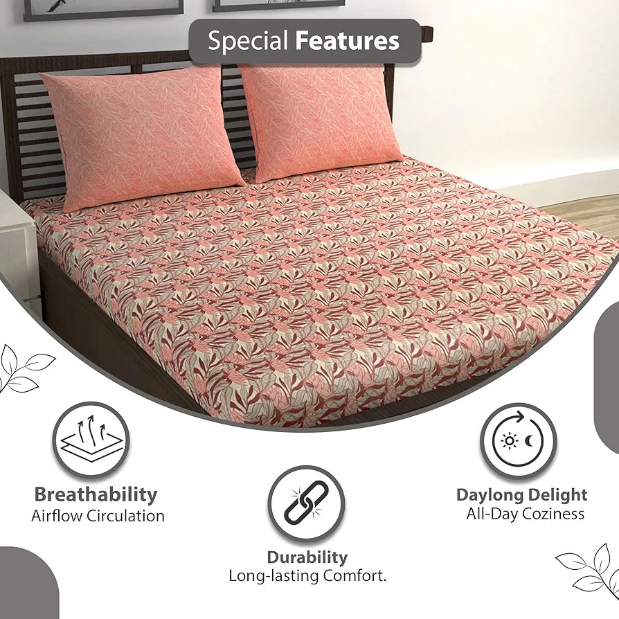 Divine Casa 144 TC 100% Pure Cotton Double Bed Bedsheet with 2 Pillow Covers Tropical Floral Colour Coral Peach