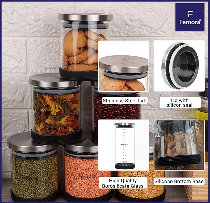 Femora Storage Jars Borosilicate Glass With Silicon Bottom Air Tight Jar With Steel Lid | 500 Ml | Pack of 2