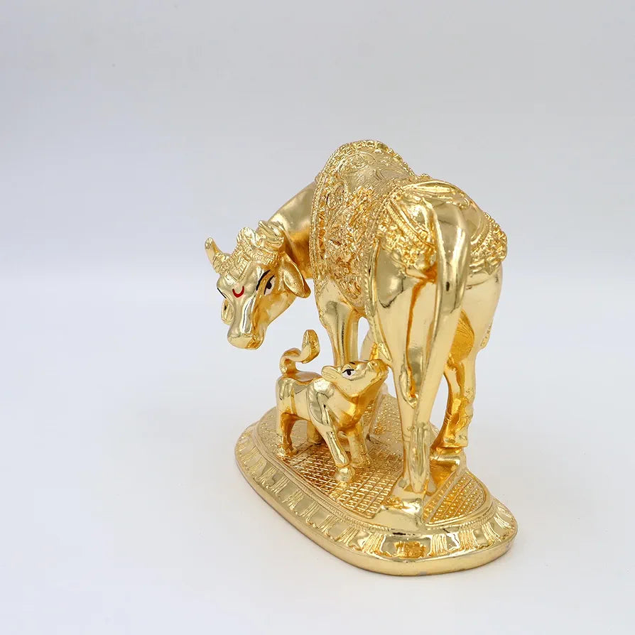 Jaipur Ace Kamdhenu Cow With Calf Statue Standard Size Golden Big Golden Cow