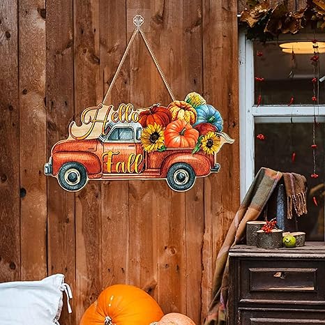 Angel Infinite Hello Fall Pumpkin Welcome Sign Wooden Wall Hanging For Home Decor Yellow (Design11)