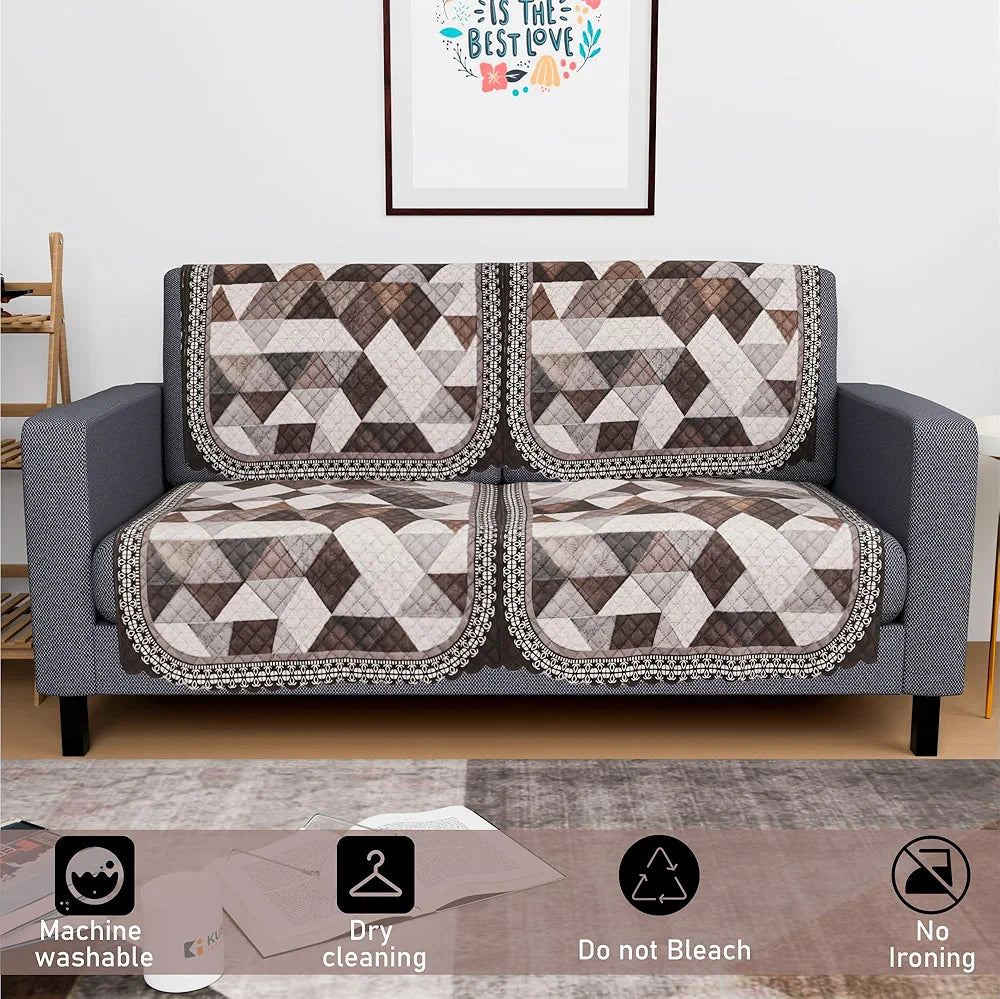 Kuber Industries Set of 4 Durable 2 Seater Sofa Cover Triangle Print White & Brown