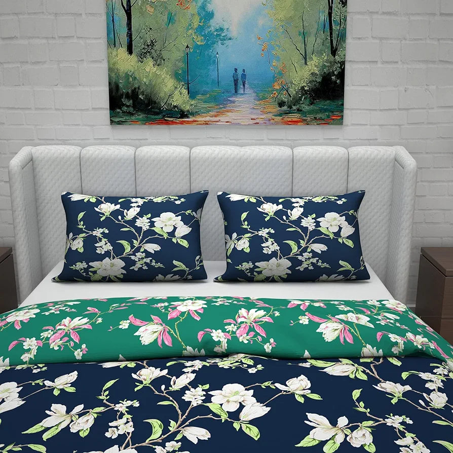 Divine Casa Micro Polyester Reversible Double Bed Queen Size Floral Printed Duvet Cover Colour Green & Navy Blue