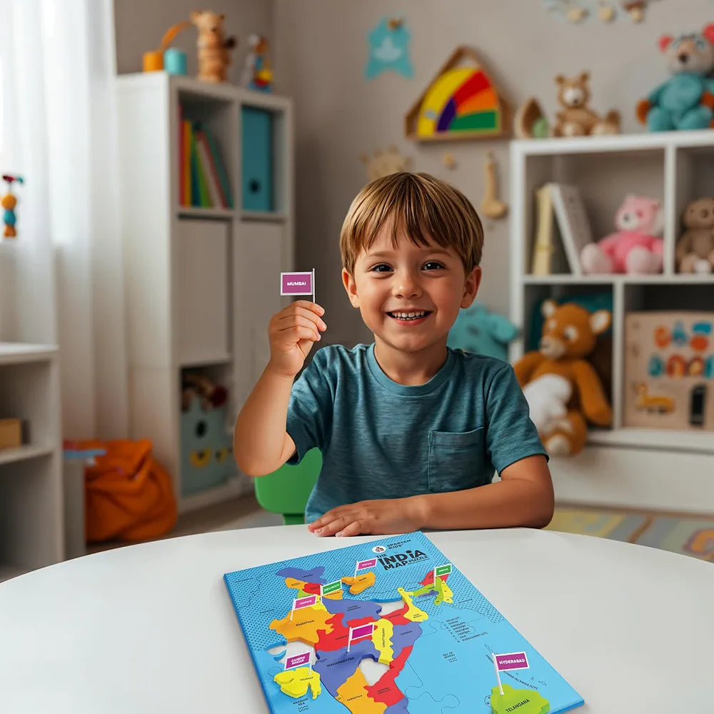 SPARTAN KIDS® India Map Puzzle, Learn Indian States & Capitals, Educational Toy for Ages 4-8, 25-Piece Jigsaw with Foam Frame, 33 Flags, 70 Capital Stickers, Geography Gift for Kids