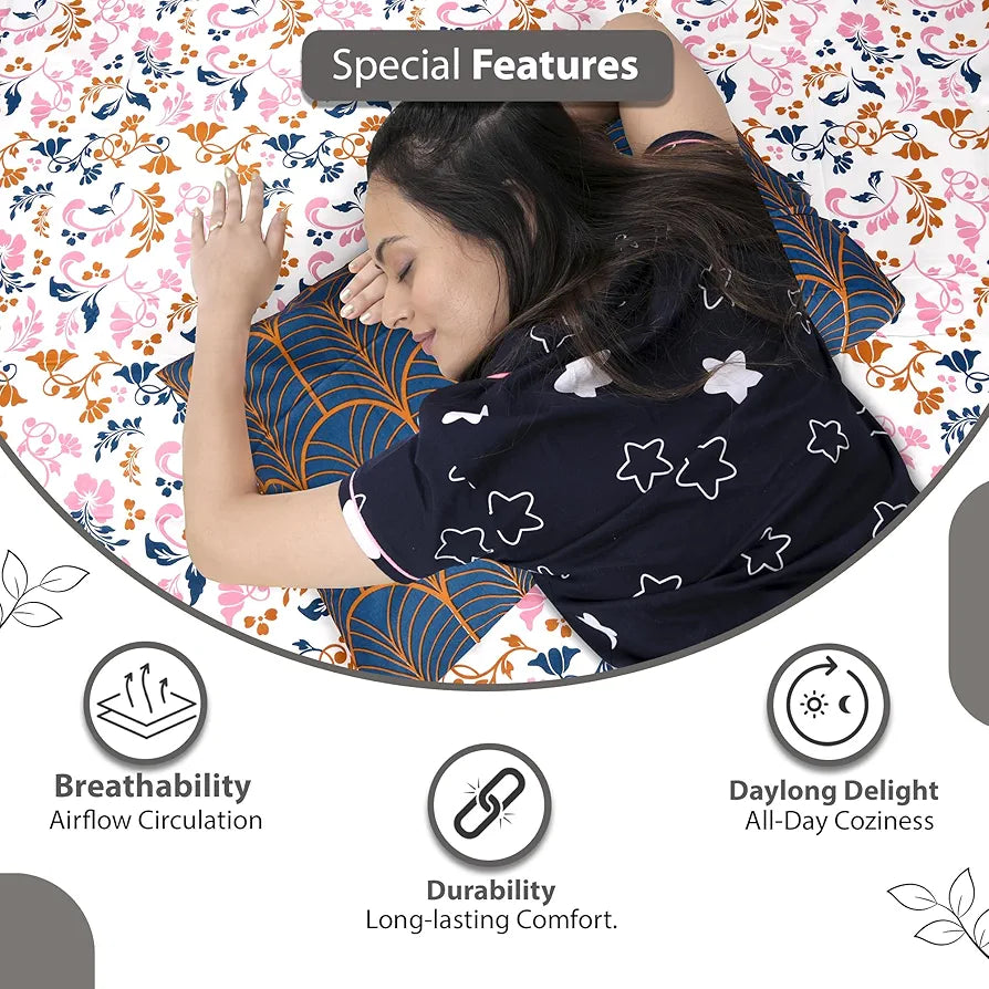 Divine Casa Double Size Bedsheet for Double Bed 144 TC Pure Cotton Queen Size with 2 Pillow Covers Floral Colour Peach Blue