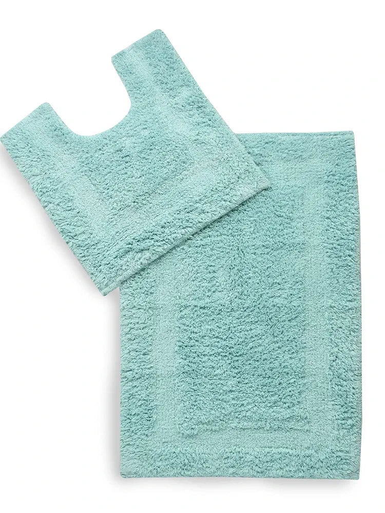 Sashaa World Solid Anti-skid Cotton Bathmat And Contour Set For Bathroom Colour Ice Blue (Pack of 2)