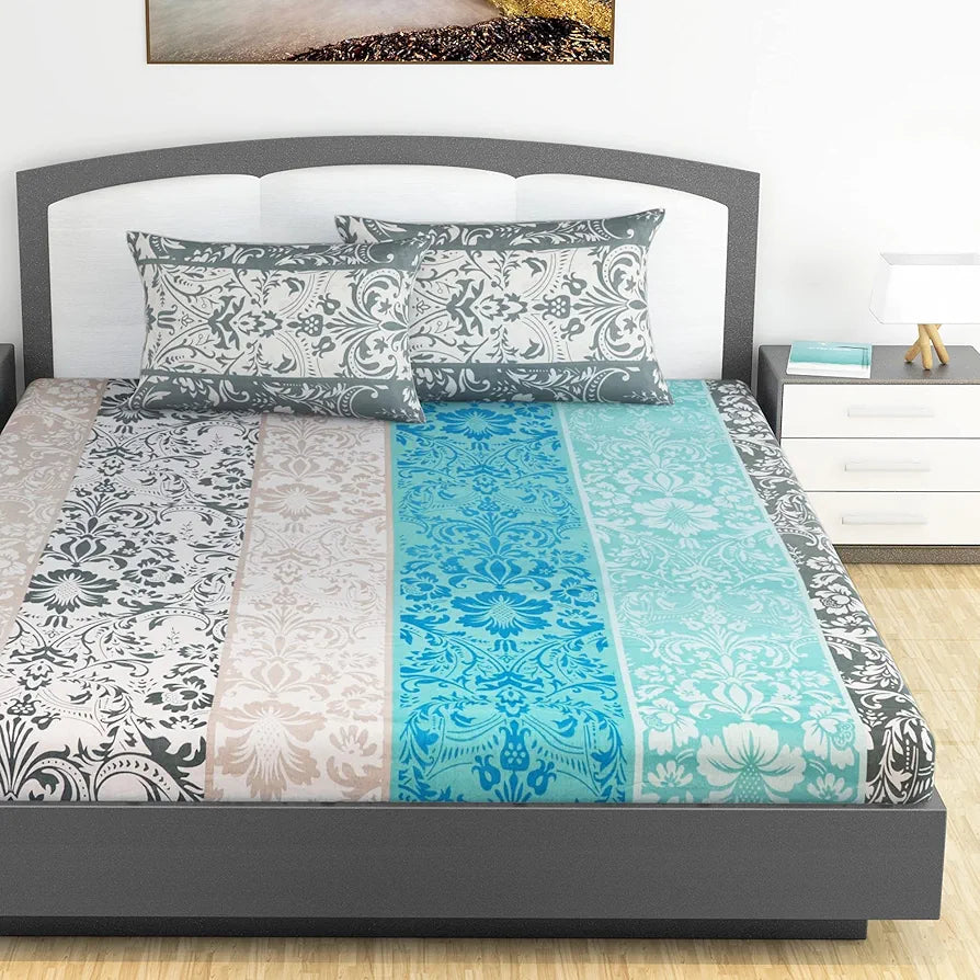 Divine Casa 100% Cotton 144 TC King Size Bedsheet with 2 Pillow Covers Colour Grey & Blue