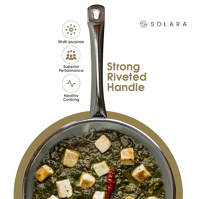 Solara Triply Stainless Steel Frypan With Lid 22 Cm | Gas Stove and Induction Friendly Frying Pan | Triply Stainless Steel Cookware