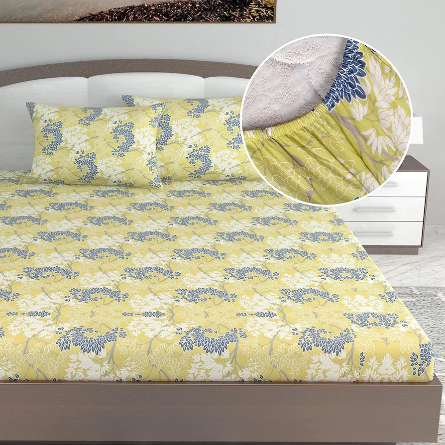 Divine Casa 144 TC Floral Green 100% Cotton Elastic Fitted Bedsheets King Size with 2 Pillow Covers Colour Muted Lime
