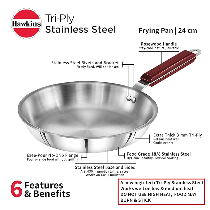 Hawkins 24 cm Frying Pan Triply Stainless Steel Fry Pan Silver