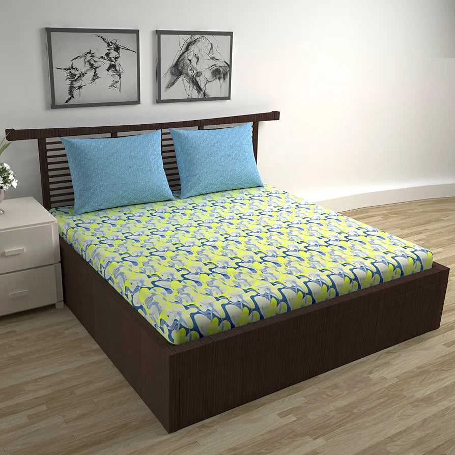 Divine Casa 144 TC 100% Pure Cotton Queen Size Double Bed Bedsheet with 2 Pillow Covers Geo Petals Colour Sky Blue Lemon