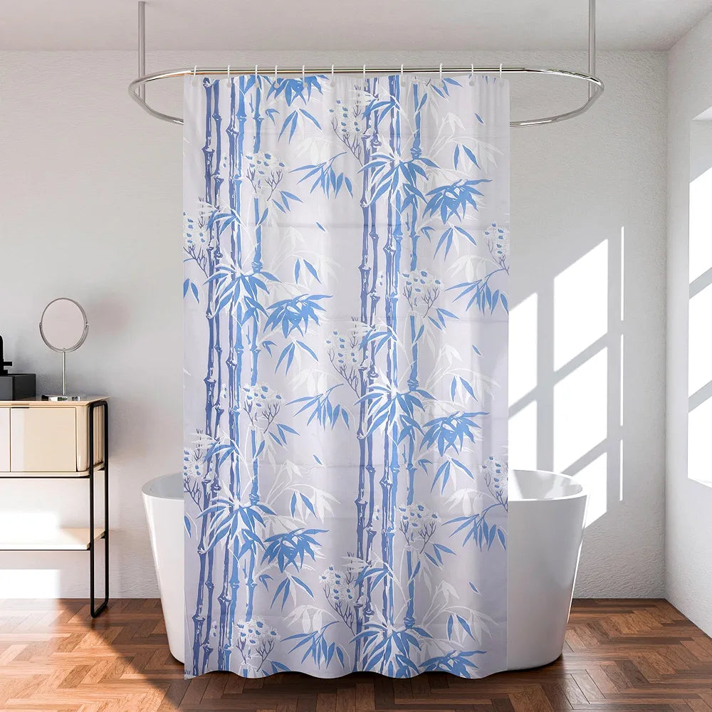 Kuber Industries Shower Curtain Bathroom Shower Curtain 8 Rings Curtain Bamboo Print Blue