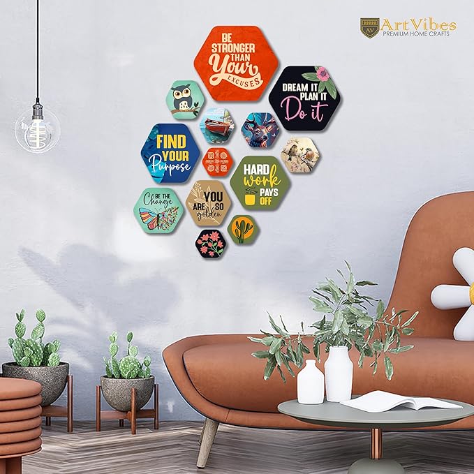 Artvibes Decorative Modern Wooden Wall Hanging Decoration for Home | Quotes Decor Item | Pack of 13 Pieces