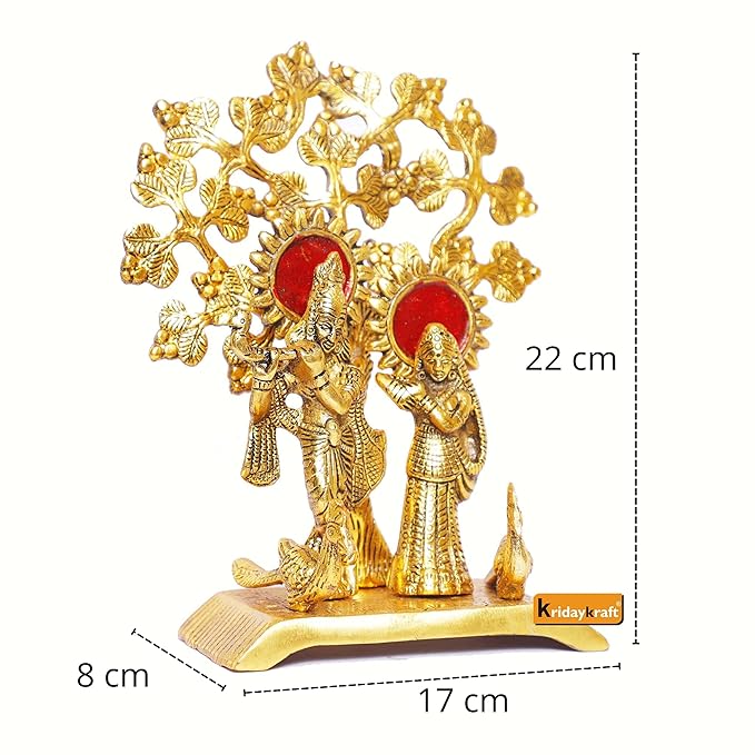 KridayKraft Radha Krishna Standing Playing Flute Under Tree idol Metal Statue Gold