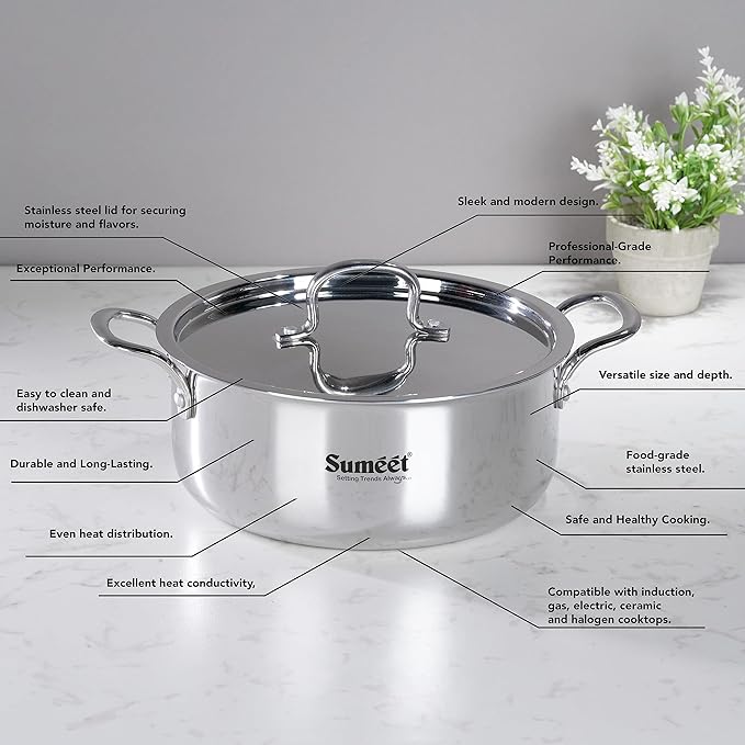 Sumeet Cook Smart TriPly Steel-Aluminium-Steel 3 Layers Casserole Lid- 2.9Ltr 20Cm Silver