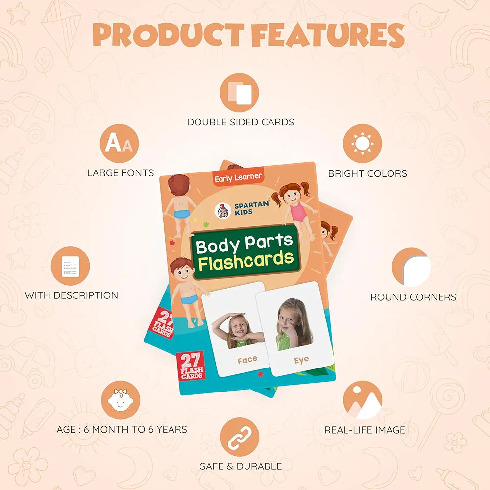 SPARTAN KIDS Body Parts Flash Cards for Kids | 27 Early Learning Flash Cards Easy & Fun Way of Learning 1 Year to 6 Years Babies, for Language_Skills