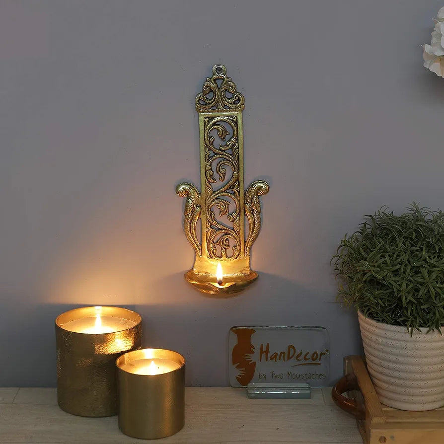 Two Moustaches Ethnic Indian Design Peacock Table/Wall Hanging Brass Diya