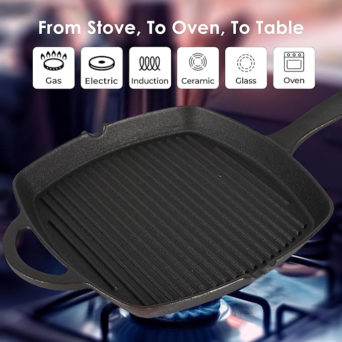 Solara Premium Pre-seasoned Cast Iron Grill Pan With Long Handle | 24 Cm | Induction Friendly | Toxin-free Tandoor Grill Pan
