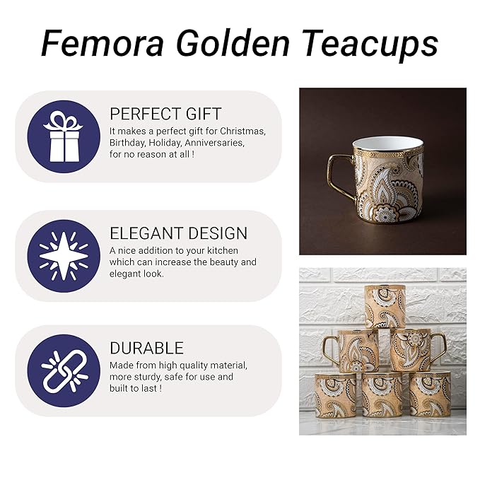 Femora Floral Pattern With Radial Background Golden Coffee Mugs | 180 Ml | Golden | 6 Pieces Set | Not Microwave Safe
