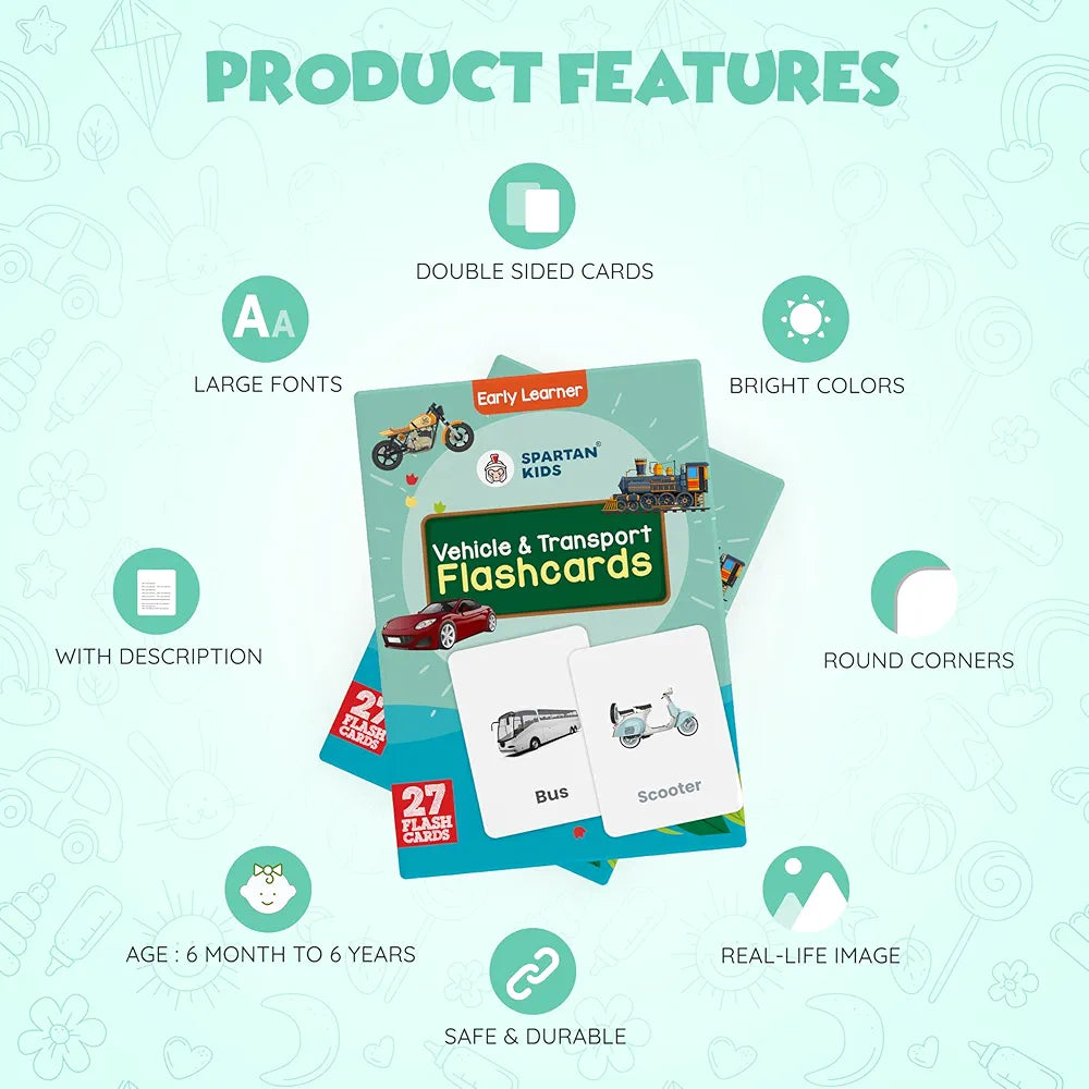 SPARTAN KIDS® Vehicle & Transport Flash Cards for Kids | 27 Early Learning Flash Cards Easy & Fun Way of Learning 1 Year to 6 Years Babies
