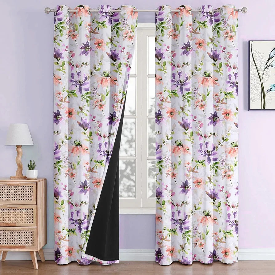 Cloth Fusion Blackout Printed Premium Door Curtains 7 Feet Long Set of 2 Purple Lotus