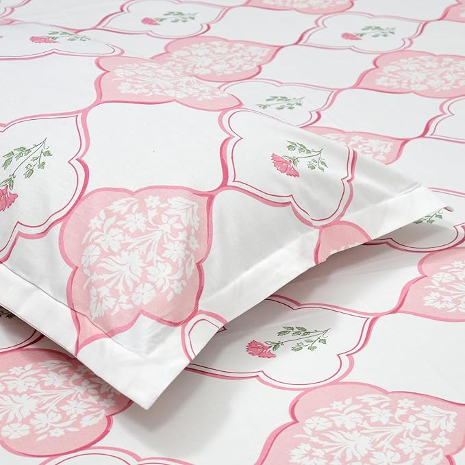 Haus & kinder Cotton Queen Size Bedsheet for Double Bed (90 X 100 Inches) with 2 Pillow Covers | 186 TC |Pink City Palette