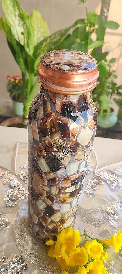 Indian Art Villa Copper Water Bottle with Big Marble Stone Printed Design