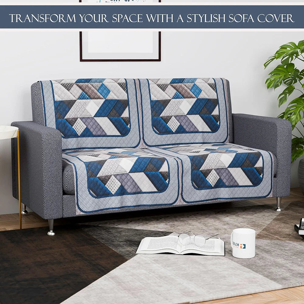 Kuber Industries Set of 6 Velvet 2+1 Seater Sofa Covers Triangular Grey & Blue
