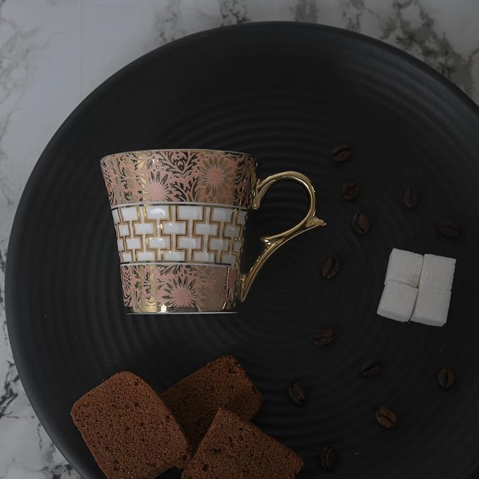 Femora Golden Daisy Finish Ceramic Tea Cups, Coffee Mugs | 160 Ml | Golden | 6 Pcs Set | Not Microwave Safe