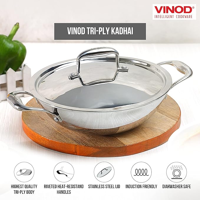 Vinod Platinum Triply Stainless Steel Cookware Kadai With Lid | 2.5 Litres | 24 Cm | 2.5 Mm Thick | 3 Layer Kadhai
