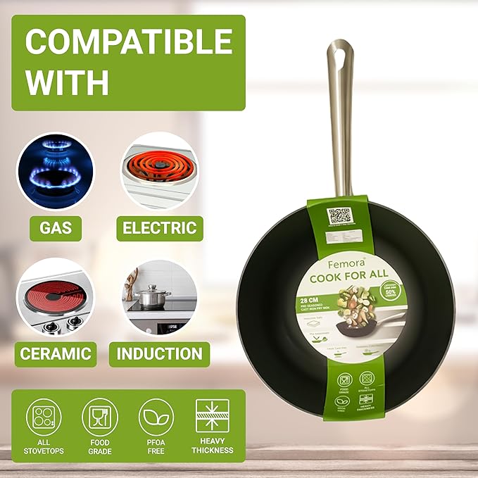 Femora Preseasoned Cast Iron Fry Pan/ Skillet/ Wok of 28cm Diameter With Tough Handle Non Toxic and Coating Free |1  Piece | Black