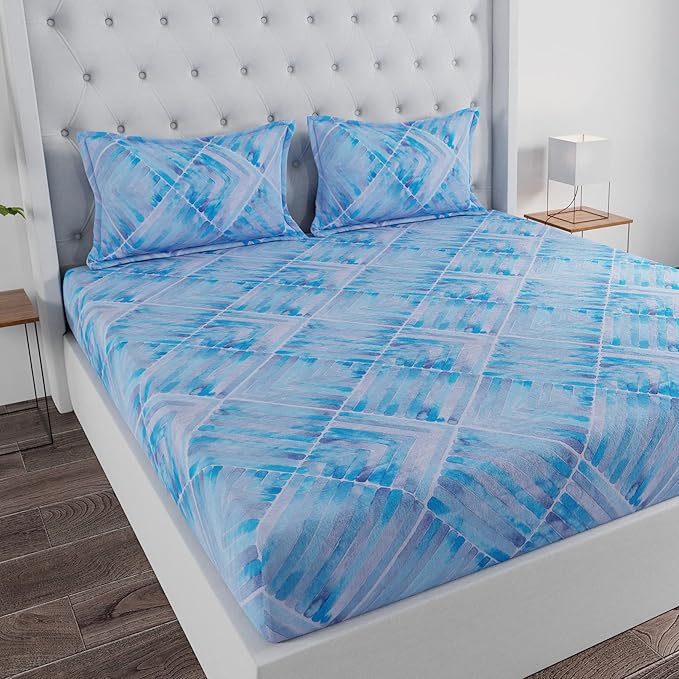 Huesland by Ahmedabad Cotton 144 Tc Cotton King Size Bedsheet With 2 Pillow Covers | Grey, Blue & White