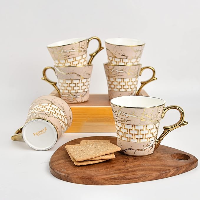 Femora Indian Ceramic Pink Gold Line Tea Cup | 6 Pieces | 155 Ml | Not Microwave Safe