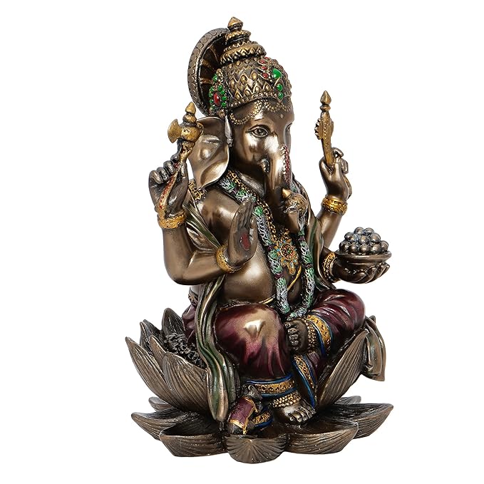 Ecraftindia Handcrafted Polyresin and Bronze Chaturbhuj Lord Ganesha Idol Sitting on Lotus Flower Decorative Statue for Home