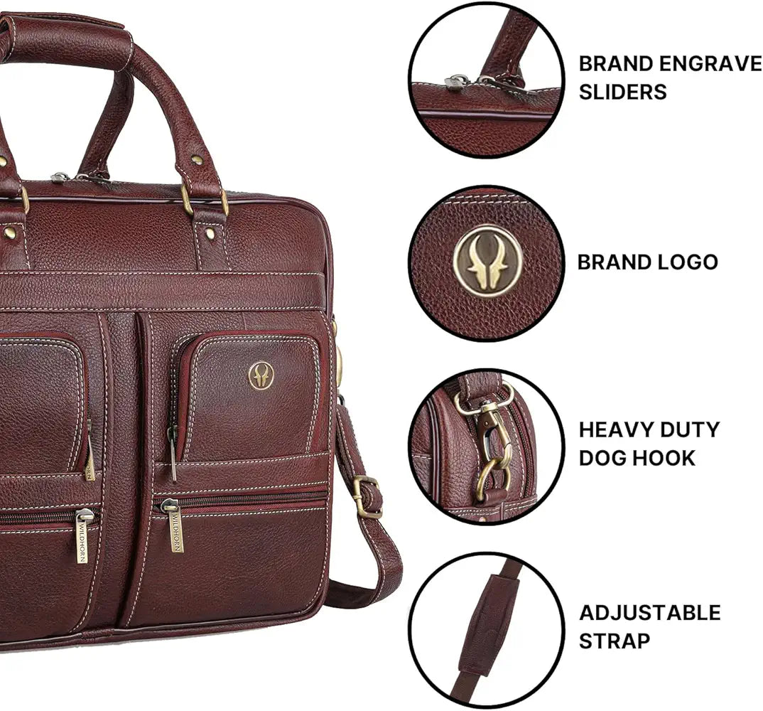 WildHorn Leather 15.6 inch Laptop Messenger Bag for Men I Multi- Pockets I Extra Storage I Carry Handles I Adjustable Strap