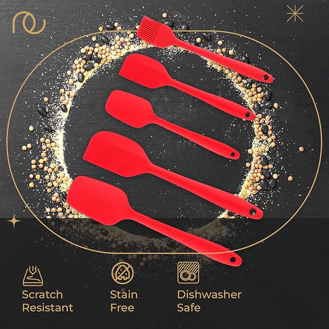 Frenchware Set of 5 Spatulas, Red | Non-stick Premium Silicone Spatula for Cooking, Baking & Mixing, Seamless Design