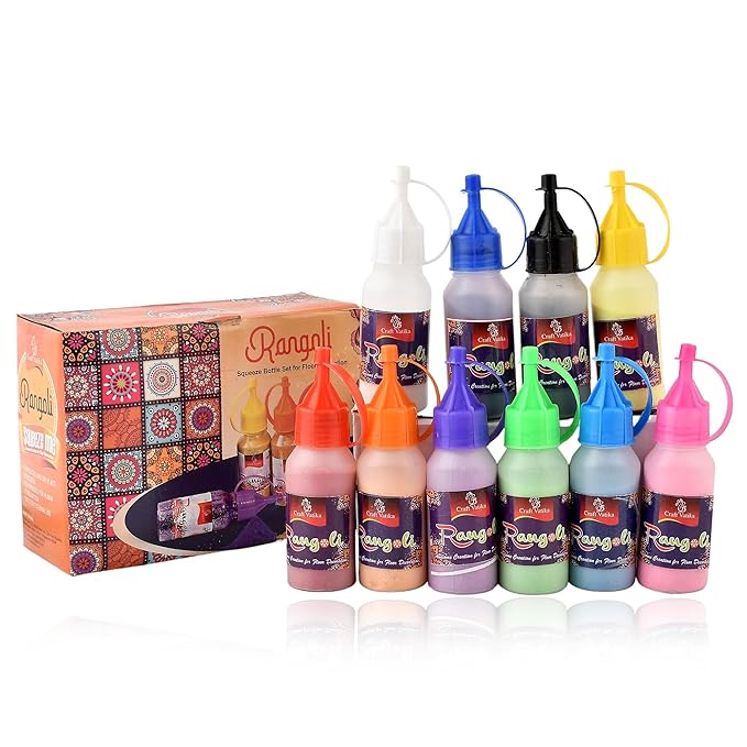 CraftVatika Rangoli Making Tools Kit Set of 10 Rangoli Powder Bottles Tubes with Nozzles
