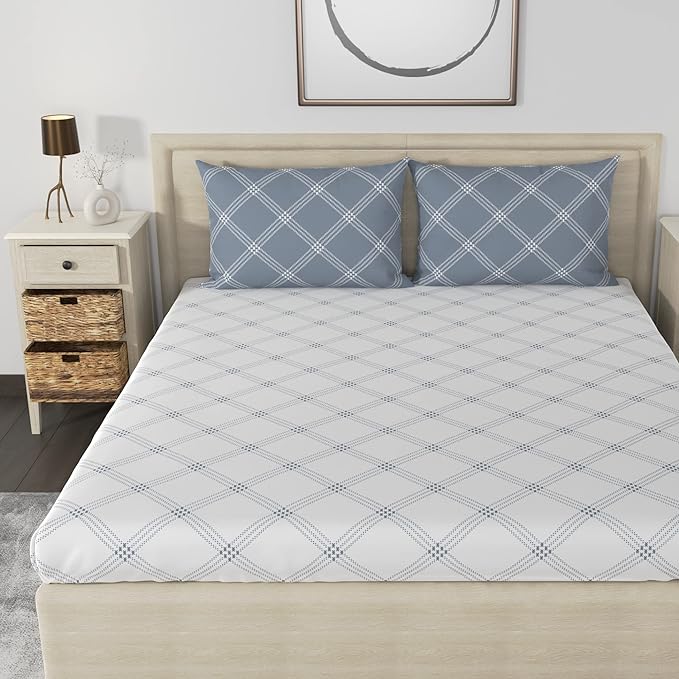 Huesland by Ahmedabad Cotton 186 TC King Size Bedsheet Cotton with 2 Pillow Covers | White & Grey