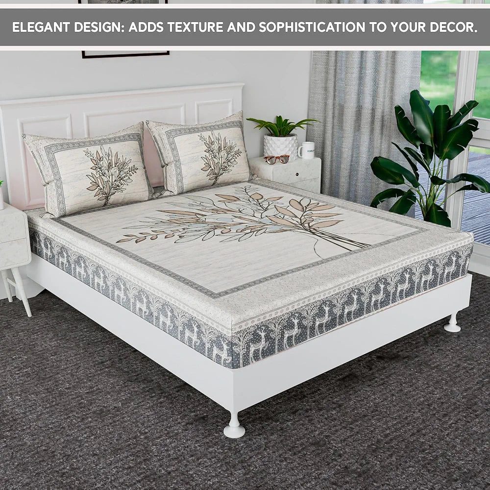 Kuber Industries Cotton Bedsheets for Double Bed with 2 Pillow Covers Photo Frame Tree Print Blue