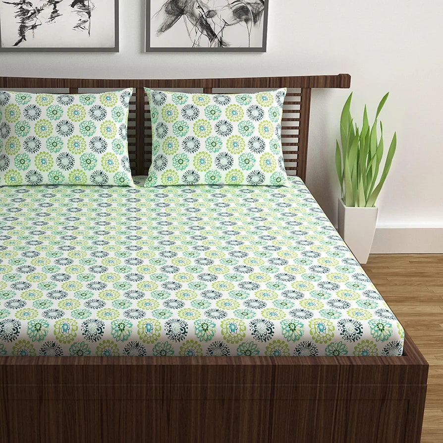 Divine Casa Double Size Bedsheet for Double Bed 144 TC Pure Cotton Queen Size with 2 Pillow Covers Floral Colour Green Blue