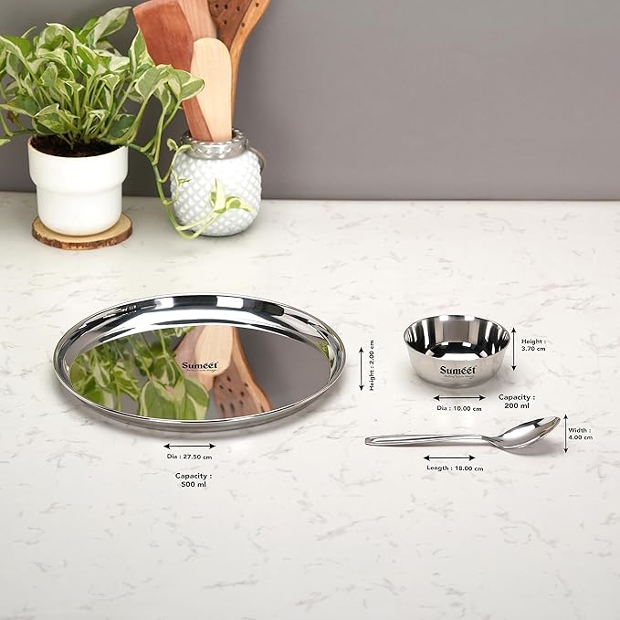 Sumeet Stainless Steel Heavy Gauge Mirror Finish Dinner set of 9 Pcs  Silver