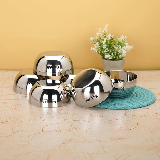 Sumeet Heavy Gauge Stainless Steel Big Size Apple Bowl 6 Pc 550 ml Each Silver