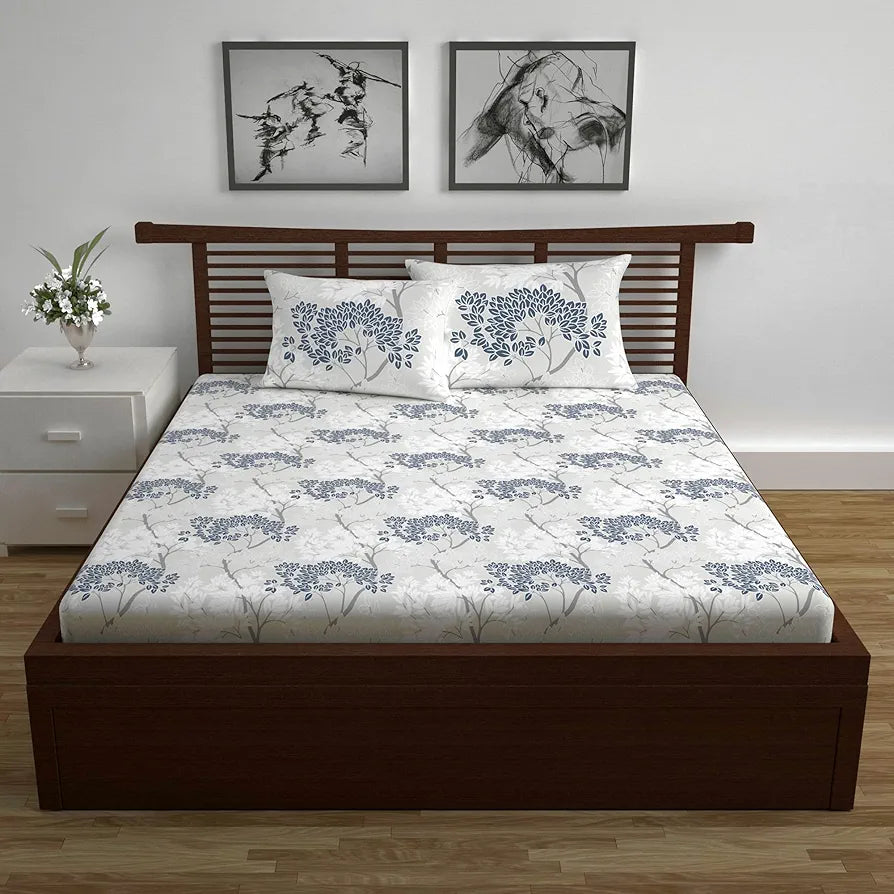 Divine Casa 144 TC 100% Cotton Double Bedsheet with 2 Pillow Covers Floral Pattern Colour Grey Blue