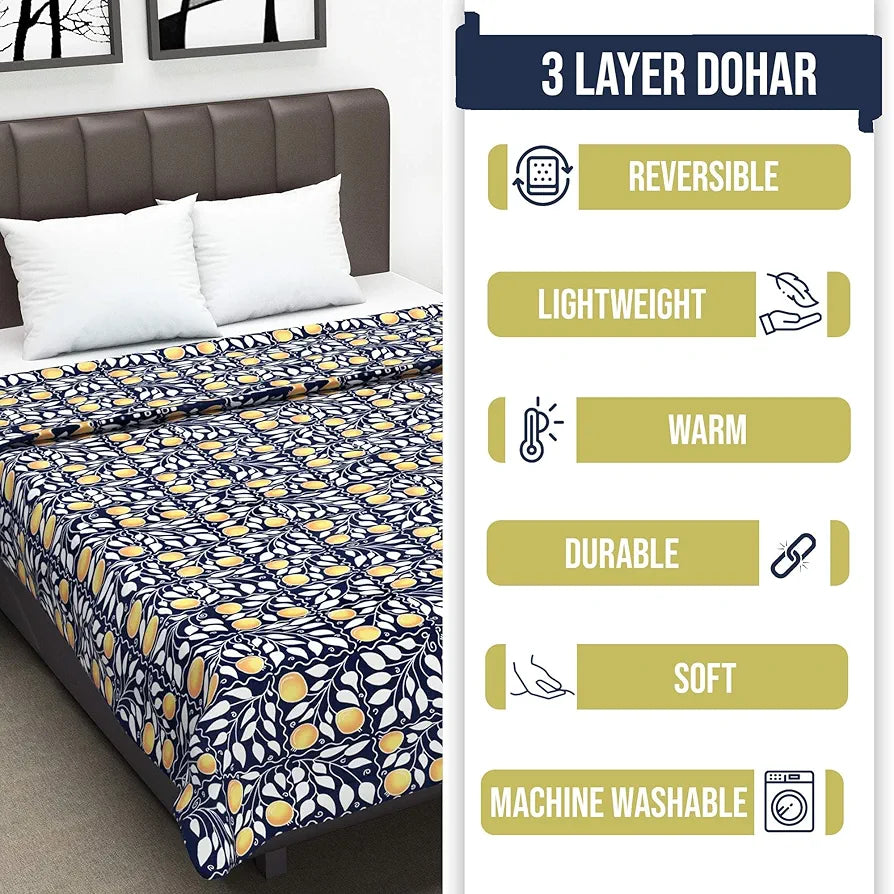 Divine Casa 120 GSM Glace Cotton Single Bed Dohar Lightweight & Soft AC Blanket| Reversible Quilt Colour Navy Blue & Mustard Yellow