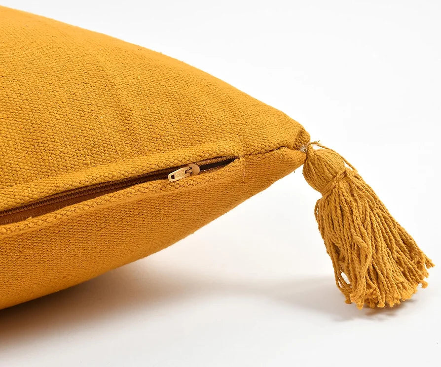 Sashaa World 100% Cotton Cushion Covers Colour Mustard With Tassels/decorative Throw Pillow( Set Of 2)